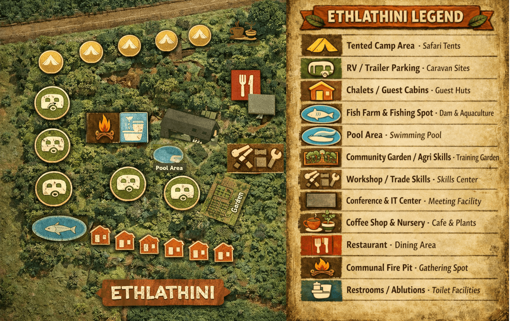 Ethlathini proposed aerial plan showing campsites, chalets, skills center, fish farm, coffee shop, nursery, and community garden